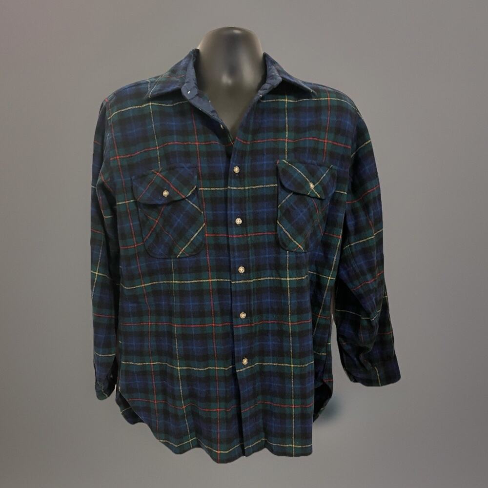 VTG 60s-70s Pendleton Wool Shirt Plaid Green Yellow Red Black USA Button Up L